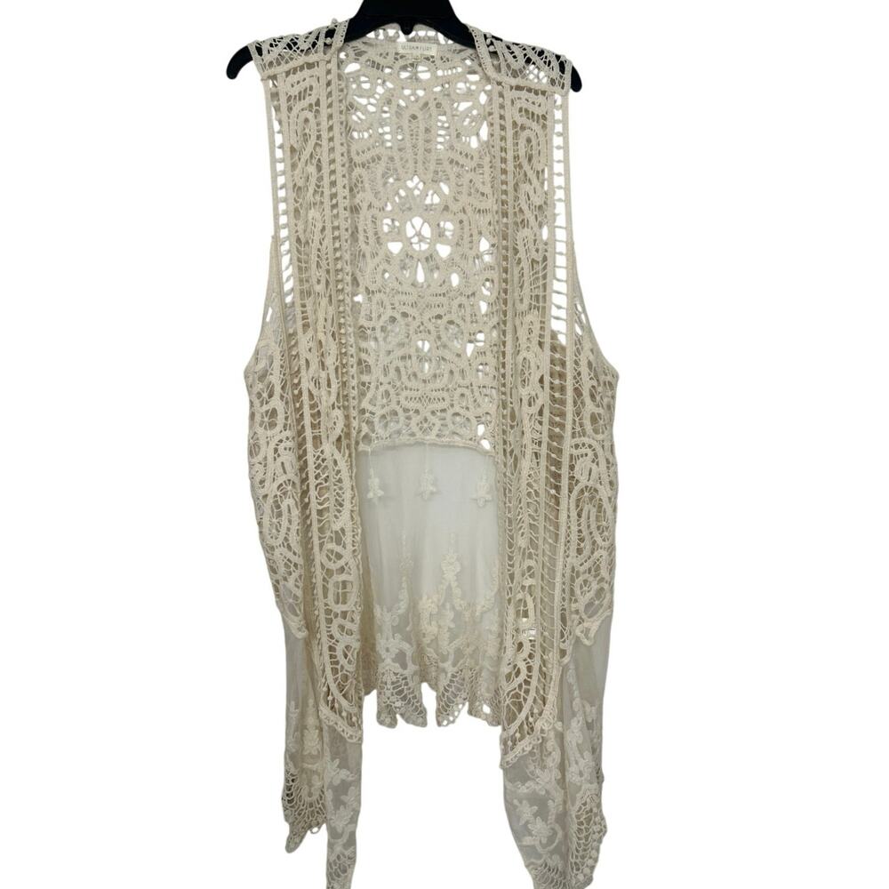 Boho Crochet Asymmetrical Open Knit Cardigan Sheer Embroidered Festival L/XL